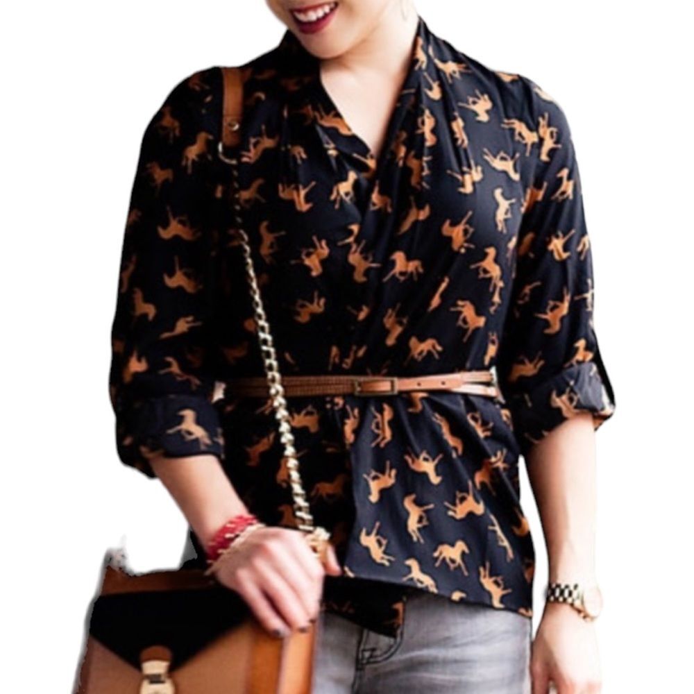 Boutique XXI Horse Print Roll-up Sleeves Open Sheer Cardigan